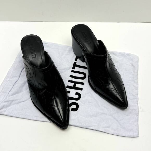 NEW Schutz Zarly Black Leather Western Stitched Slip On Heel Mules - Picture 3 of 13